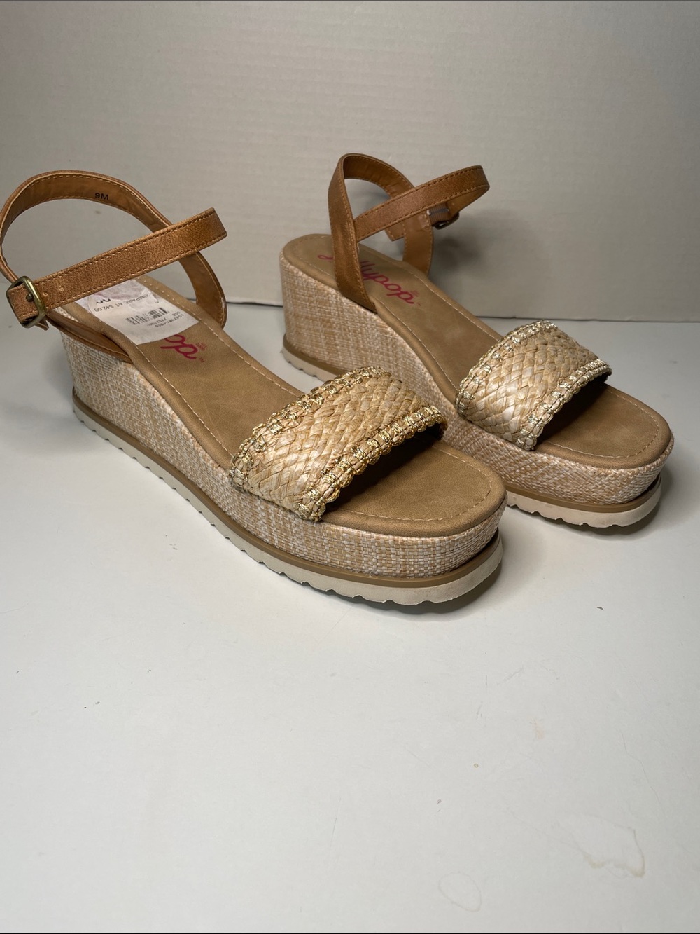 Jellypop Women’s Size 9 Monaco Tan Braided-Front Wedge Sandals with Ankle Strap